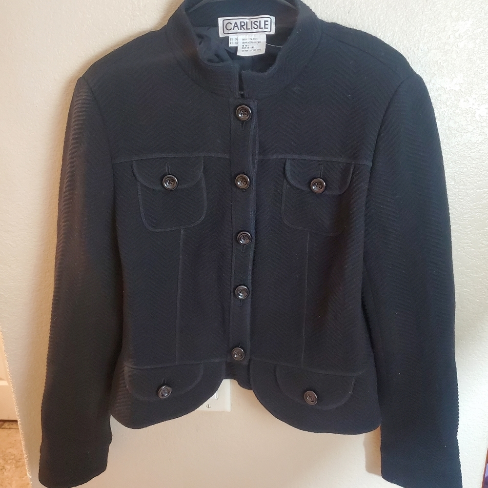 Vintage 80s Carlisle Black Wool Button Blazer Jacket Size 14